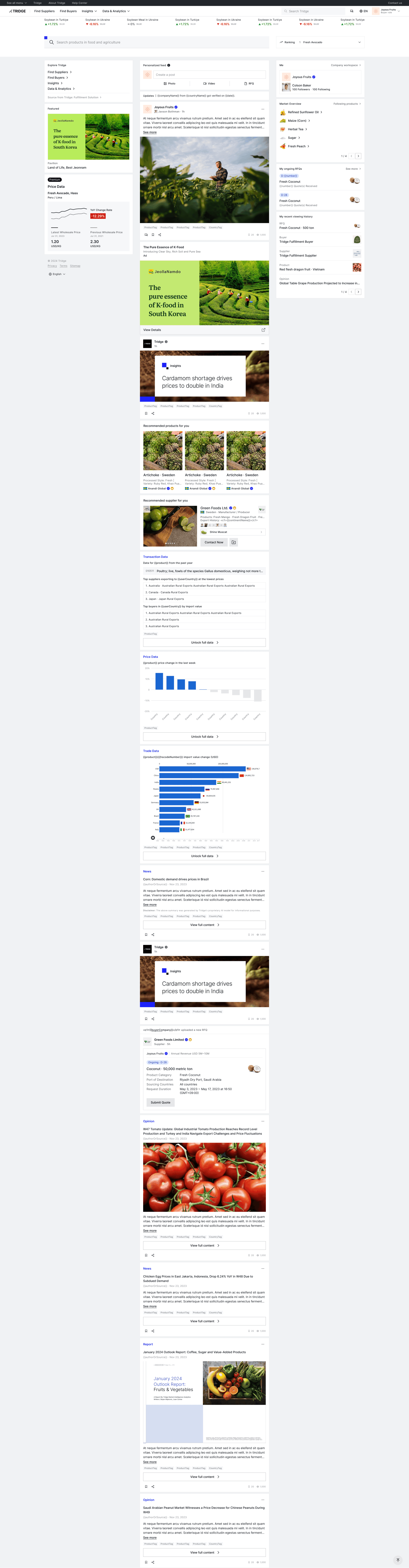 Tridge home feed with aggregated content